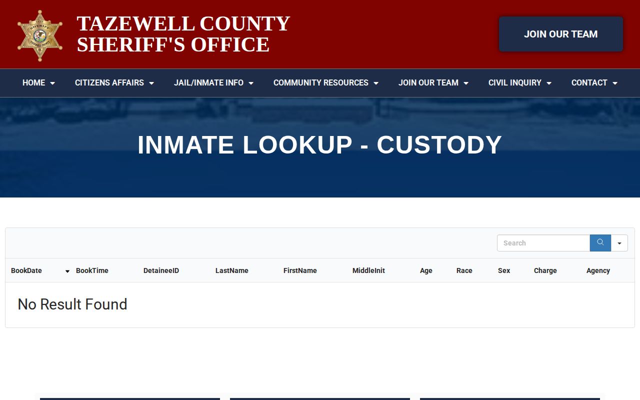 Tazewell County current custody table without release fields