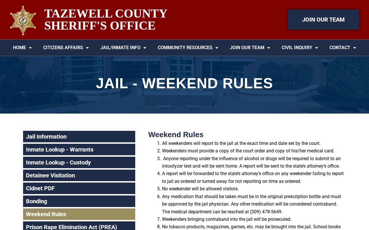 Tazewell County jail weekend confinement and release-date rules