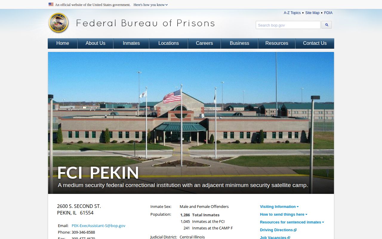 Official FCI Pekin and Federal Prison Camp facility page